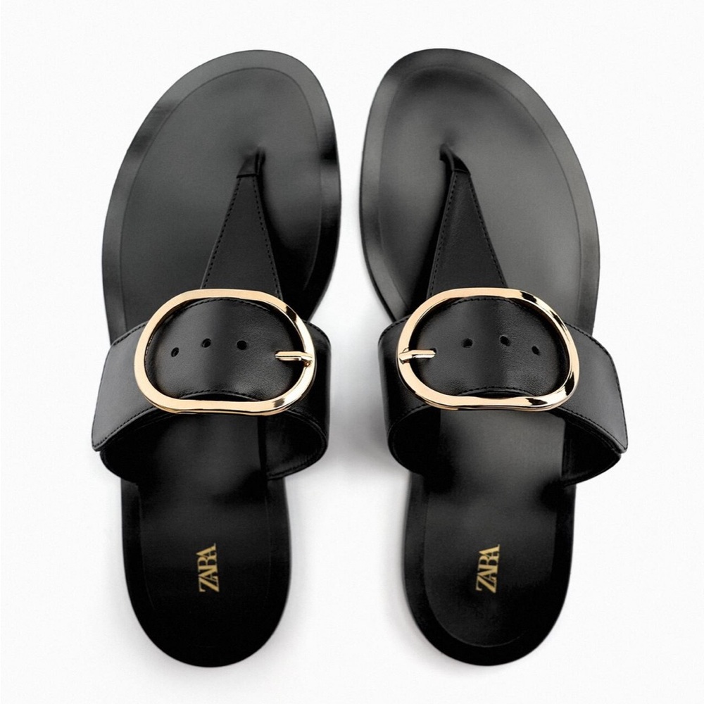 ZARA FLAT LEATHER SANDALS WITH BUCKLE NWT